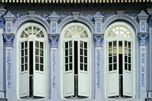 South East Asian Prints: Traditional shophouse windows open out onto a street in the Orchard Road neighborhood in Singapore