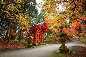 Hiei Prints: Traditional Shoro (bell tower) surrounded by vivid autumn foliage on Mount Hiei