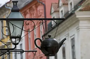 Slovenia Prints: Traditional sign outside a tea shop in Ljubljana old town, Slovenia, Europe