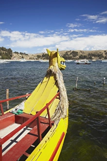 Bolivian Prints: Traditional style reed boat, Copacabana, Lake Titicaca, Bolivia, South America