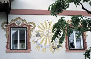Zell Am See Prints: Detail of traditional sun clock (sun dial) on the exterior wall of a building