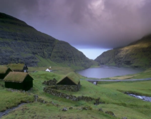 Images Dated 21st September 2009: Traditional turf roofed farm buildings and church, Saksun, Streymoy Island