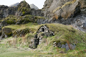 Skogar Prints: Traditional turf-roofed house at Drangshlid, near Skogar, Iceland, Polar Regions