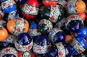 Objects Prints: Traditional Turkish decorative pottery on display in a market stall in the old city of Antayla