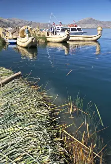 Floating Islands Prints: Traditional Uros (Urus) reed boats at floating island