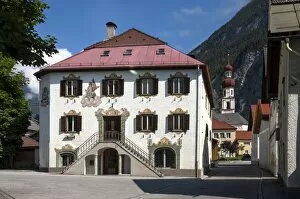Civic Collection: Traditional wall decoration, Town Hall and Church, Nassereith, Ferne Pass, Austria, Europe