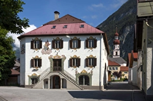 Civic Prints: Traditional wall decoration, Town Hall and Church, Nassereith, Ferne Pass, Austria, Europe