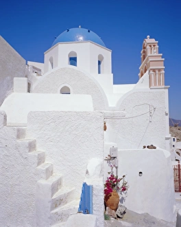 Thira Prints: Traditional white house and church