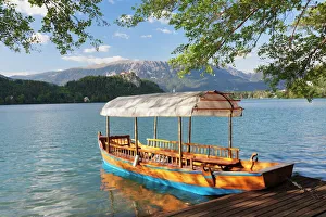 Rowing Boat Prints: Traditional wooden rowing boat, Lake Bled, Bled, Slovenia, Europe