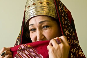 Head Dress Prints: Traditionally dressed Turkmen woman, Ashgabad, Turkmenistan, Central Asia