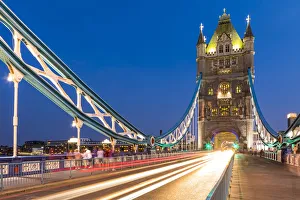 Light Beam Prints: Traffic driving over Tower Bridge in early evening light, London, England, United Kingdom