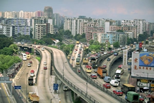 Kowloon Prints: Traffic on flyovers near Kai Tak Airport, Kowloon, Hong Kong, China, Asia