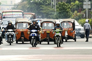 Tuk Tuks Prints: Traffic including tuk-tuk or bajaj, Jakarta, Java, Indonesia, Southeast Asia, Asia