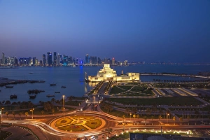 Qatar Prints: Traffic at roundabout in front of the Museum of Islamic Art at night