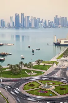 West Bay Prints: Traffic at roundabout in front of Museum of Islamic Art with West Bay skyscrapers in background