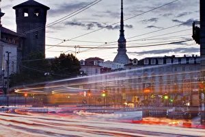 Tail Light Prints: Traffic rushes through Piazza Castello, Turin, Piedmont, Italy, Europe