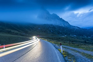 Sella Pass Prints: Traffic trail lights on Sella Pass, Province of Bolzano, South Tyrol, Italian Dolomites