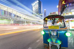 South East Asian Prints: Traffic and Tuk Tuk on Ratchadamri Road, Bangkok, Thailand, Southeast Asia, Asia