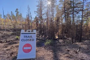 Trail Prints: Trail closed sign shown along Cape Royal Road at Grand Canyon North Rim due to damage from Dragon Bravo Wildfire