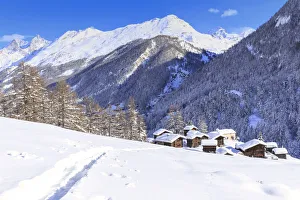 Wallis Prints: A trail in the snow leads to the traditional huts of Blatten