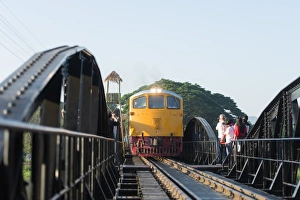 Thai Culture Prints: Train crossing the Bridge over the River Kwai, Kanchanaburi, Thailand, Southeast Asia