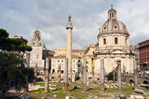 Ancient Rome Prints: Trajans column between dome of St. Maria di Loreto (left) and SS. Nome di Maria, Rome