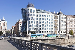 In Front Of Prints: Tram in front of the Dancing House (Ginger and Fred) by Frank Gehry