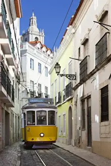 Tram (electricos) along Rua das Escolas Gerais with tower of Sao Vicente de Fora, Lisbon, Portugal, Europe
