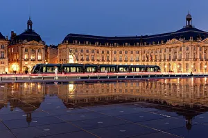 Reflecting Pool Prints: Tram at the Miroir D'Eau, Place de la Bourse at blue hour