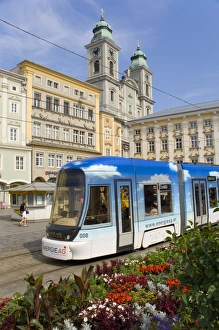 Austrian Eu Prints: Tram and old cathedral, Hauptplatz, Linz, Austria, Europe