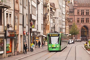 Trams Prints: A tram runs down the streets of Basel in Switzerland, Europe