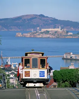 San Francisco Prints: Tram on Russian Hill with view over Alcatraz, San Francisco, California