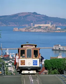 Images Dated 8th April 2008: Tram on Russian Hill with view over Alcatraz, San Francisco, California