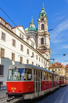 Cityscape View Prints: Tram and St. Nicholas Church in Lesser Quarter, Prague, Czechia, Europe