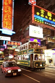 Night Life Collection: Tram and taxi with neon lights, Hong Kong, China, Asia