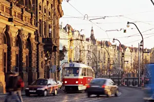 National Theatre Prints: Tram, tram cables and vehicles on Masarykovo Embankment in front of the National Theatre