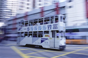 Public Prints: Tram travelling at speed, Hong Kong Island, Hong Kong, China, Asia
