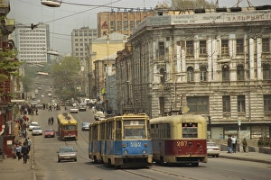 Trams in the street, Vladivostok, Russian Far East, Russia, Europe Trams in the street, Vladivostok, Russian Far East, Russia, Europe