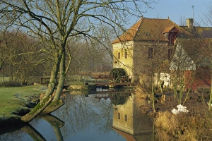 Water Mill Prints: Tranquil scene of watermill reflected in still water