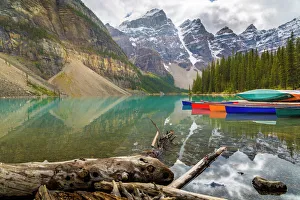 Canadian Culture Prints: Tranquil setting of rowing boats on Moraine Lake