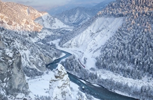 Typically Swiss Prints: Transit of the Red Train in the deep Rhine Gorge, Rhein Gorge (Ruinaulta), Flims