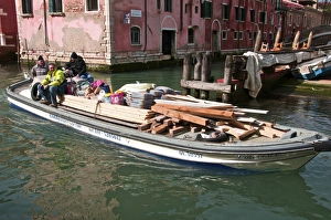Timber Prints: Transporting goods by boat on canal, Venice, Veneto, Italy, Europe