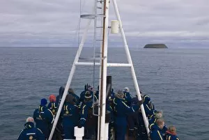 Trawler with tourists on their way to watch whales, Husavik, Iceland, Polar Regions