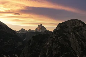 Bolzano Province Prints: Tre Cime di Lavaredo under the burning sky at sunset, Sesto (Sexten) Dolomites