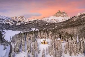 Misurina Prints: Tre Cime di Lavaredo and woods covered with snow during a winter sunset, Misurina