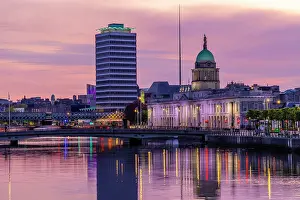 Silhouettes Prints: The Treasury Dock and Dublin Spire at Dusk, Dublin, Republic of Ireland, Europe