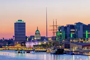 Mood Prints: The Treasury Dock, Dublin Spire and the The Jeanie Johnston Tall Ship at Dusk
