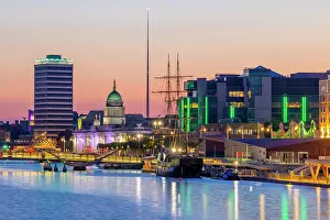 Tall Prints: The Treasury Dock, Dublin Spire and the The Jeanie Johnston Tall Ship at Dusk