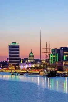 Tall Prints: The Treasury Dock, Dublin Spire and the The Jeanie Johnston Tall Ship at Dusk