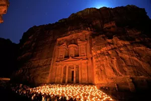 Old Ruins Gallery: Treasury lit by candles at night, Petra, UNESCO World Heritage Site, Jordan, Middle East